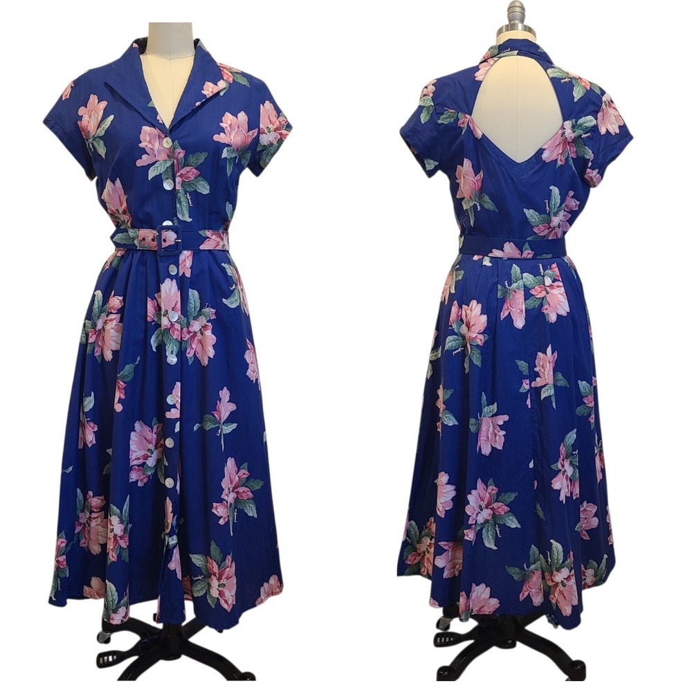 Vintage Carol Anderson Floral Dress Blue Button Front Open Back Sz‎ Small 80s